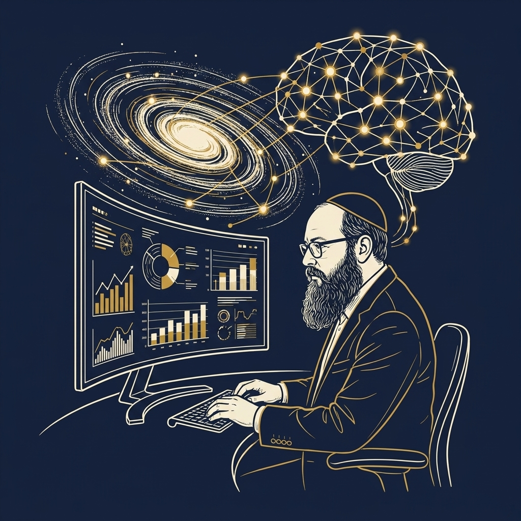 Astrophysicist analyzing data with galaxy merging into neural network